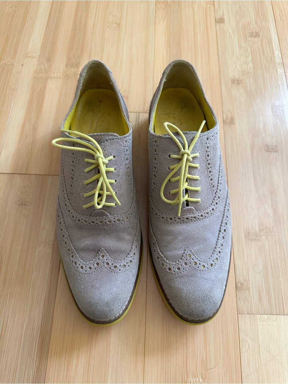 Women Suede Wingtip Oxfords in Light Gray with Yellow Accents - Cole Haan